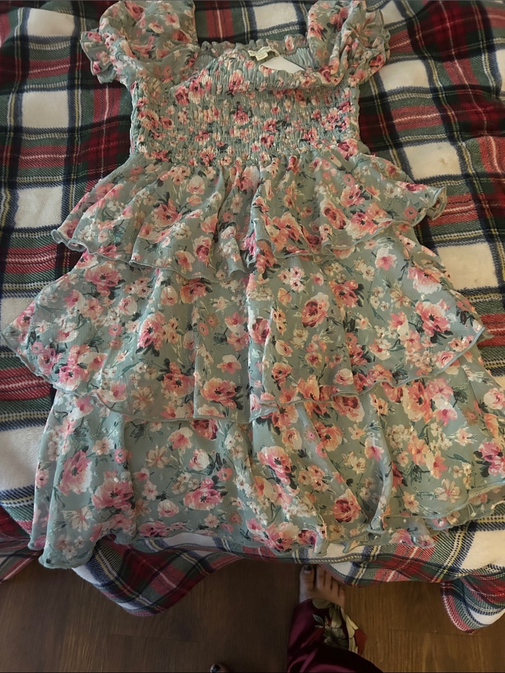 Floral Ruffle Tiered Mini Dress in Sage and Pink
